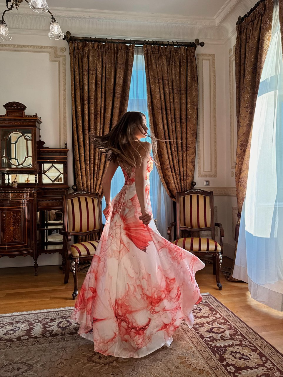 Strappy Floral Patterned Red Long Evening Dress