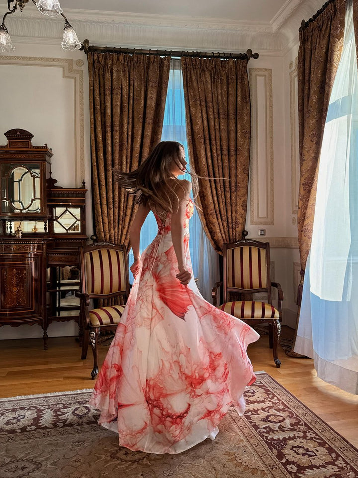 Strappy Floral Patterned Red Long Evening Dress