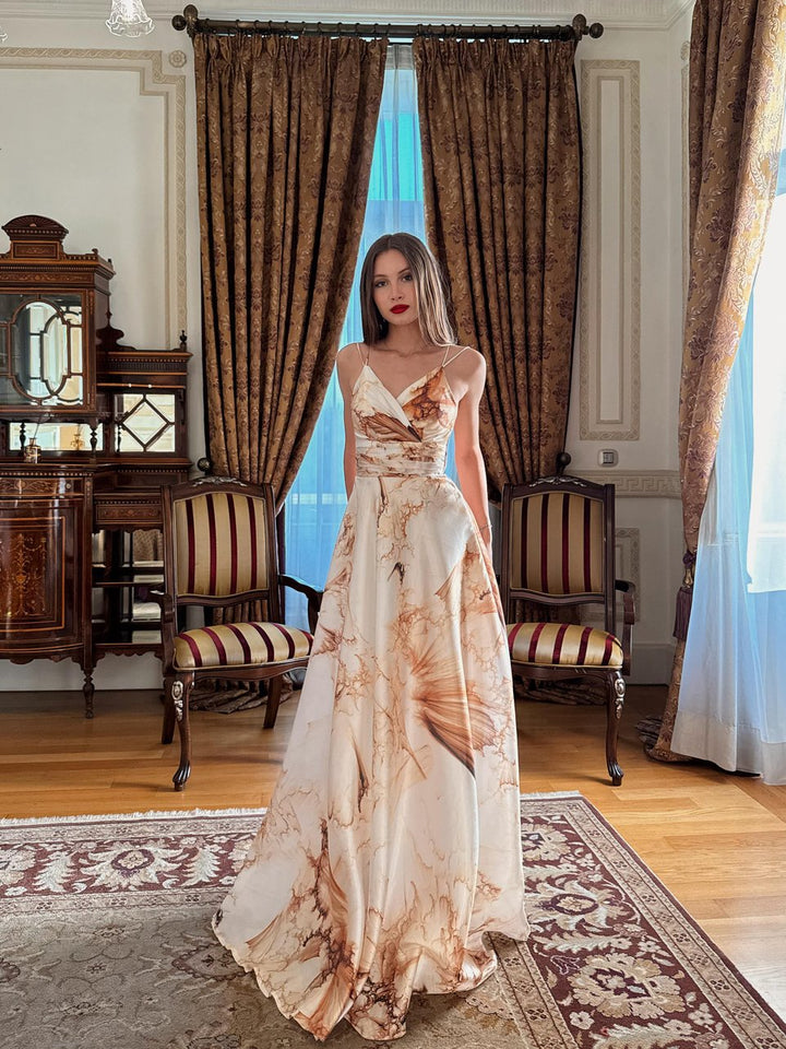 Strappy Floral Patterned Red Long Evening Dress