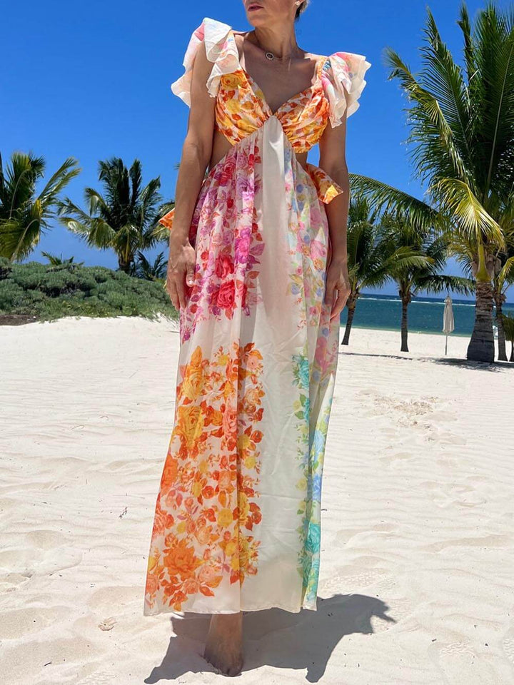 Vestido maxi com recorte floral e amarração nas costas