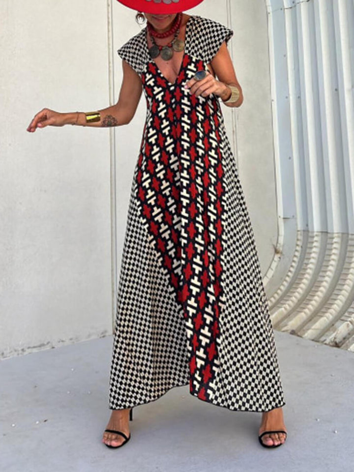 एथनिक यूनिक प्रिंट रफ़ल स्लीव ए-लाइन मैक्सी ड्रेस