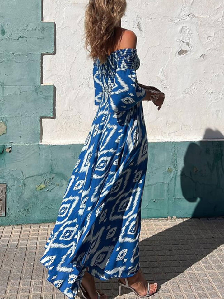 Tatil Etnik Desenli Büzgülü Düşük Omuzlu Cepli Maxi Elbise