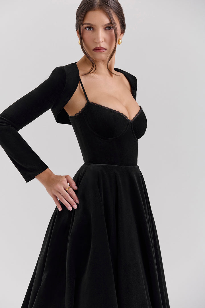 Black Velvet Tulle Midi Dress