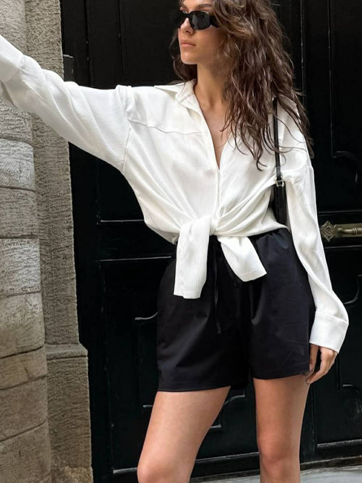 Tie-Front Button Down Silk Shirt