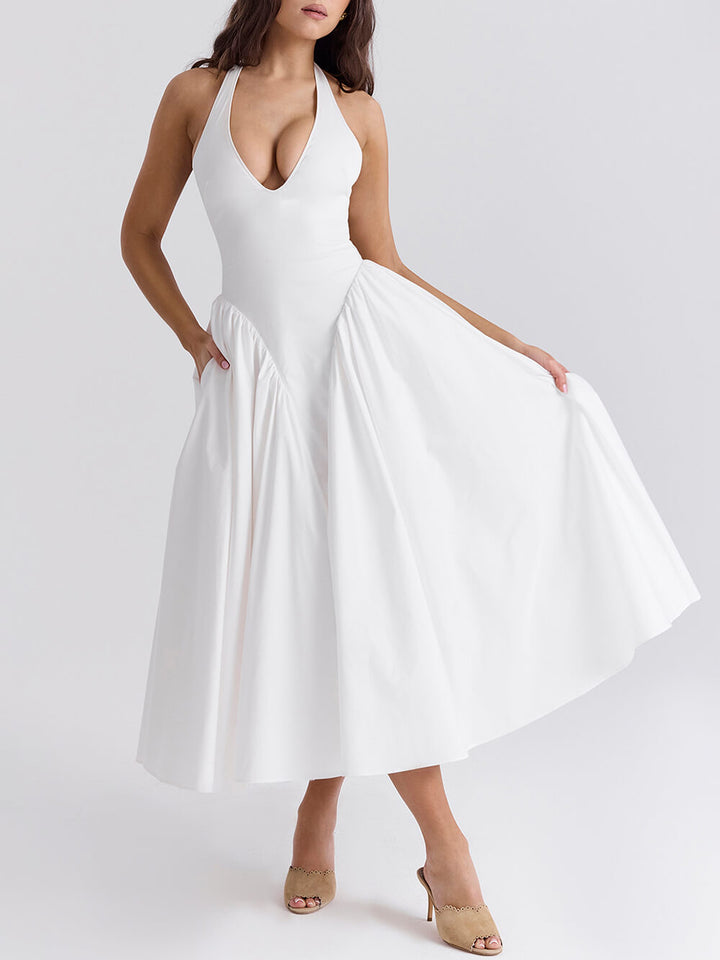 Pleated Stitching Deep V Neck Halter Taille Plain Midi Kleeder