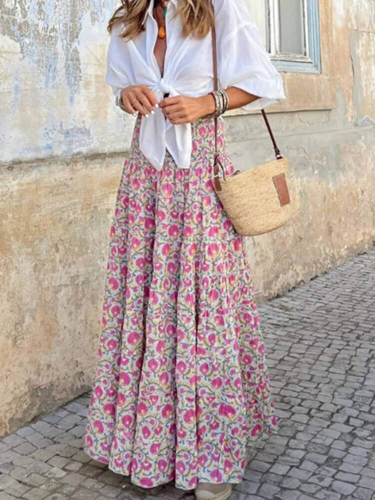 Rose kukkaprintti Boho Maxi Skirt