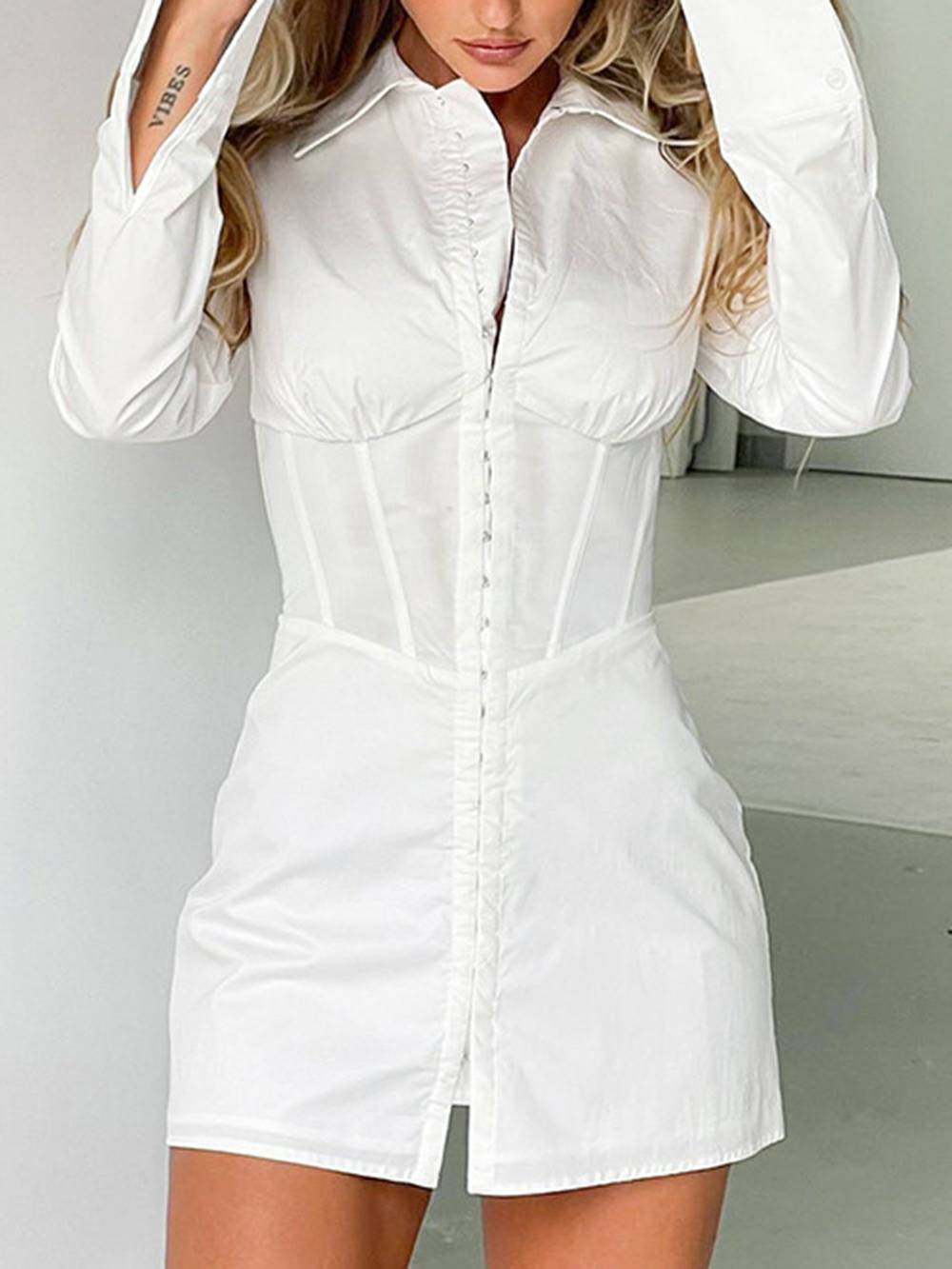 Turndown Halsband Laang Ärm Slim Taille Shirt Kleed