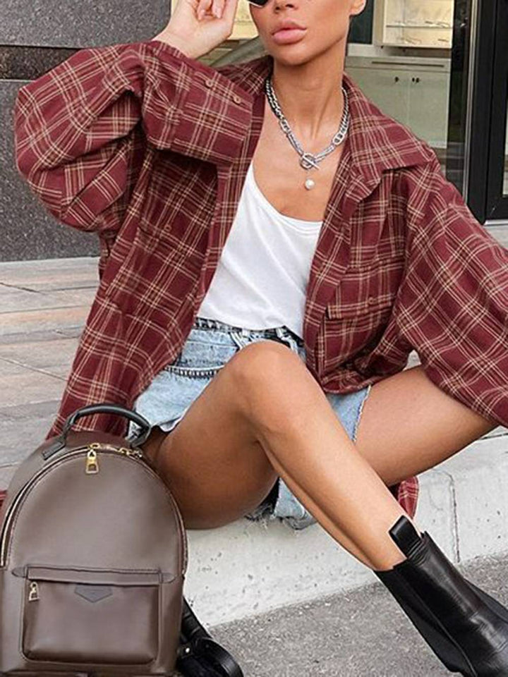 Retro Red Scottish Plaid Loose Long Sleeve Shirt