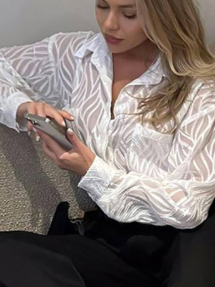 Wäiss Fraen Blouses Dënn Lapel Elegant Long Sleeve Hiemer