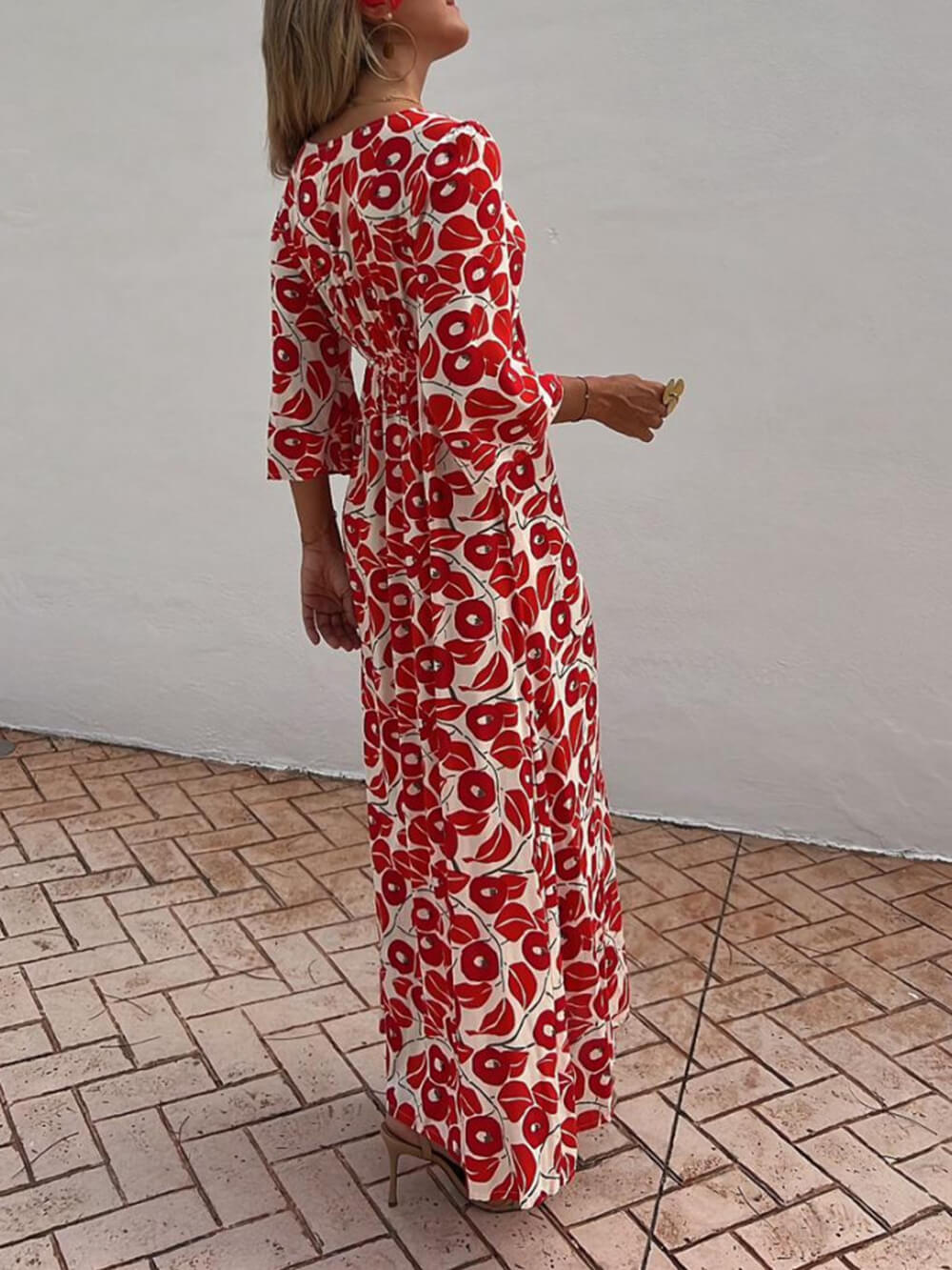 Tatil Çiçek Desenli Büzgülü Düşük Omuzlu Cepli Maxi Elbise