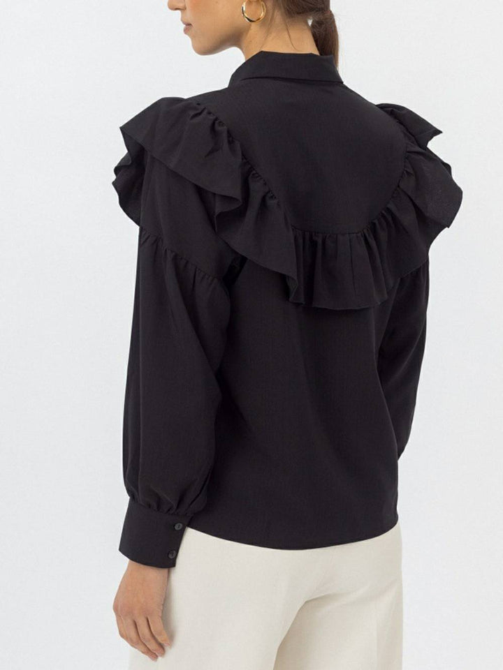 Ruffled Women Shirt Solid Slim Office Lady Frill Shirt