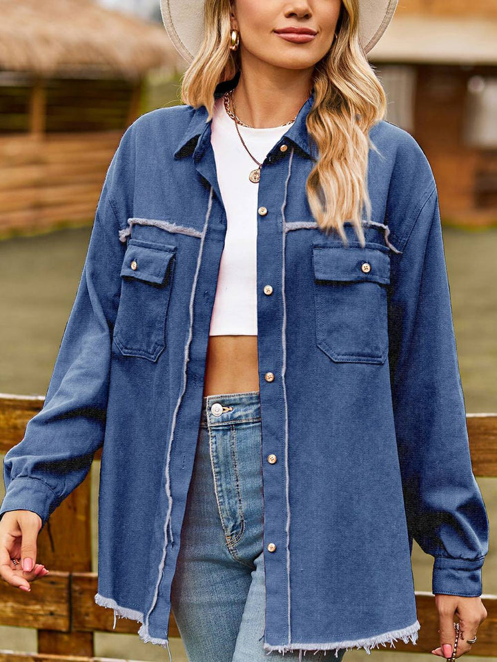 Nová neformální košile Denim Raw Edge Washed Tassel Top – tmavě modrá