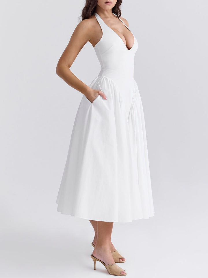 Pleated Stitching Deep V Neck Halter Taille Plain Midi Kleeder