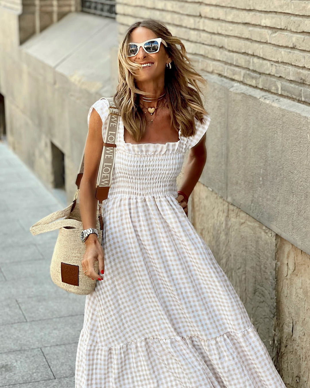 Plaid Ruffled-Sleeve Smocked Maxi Kleed