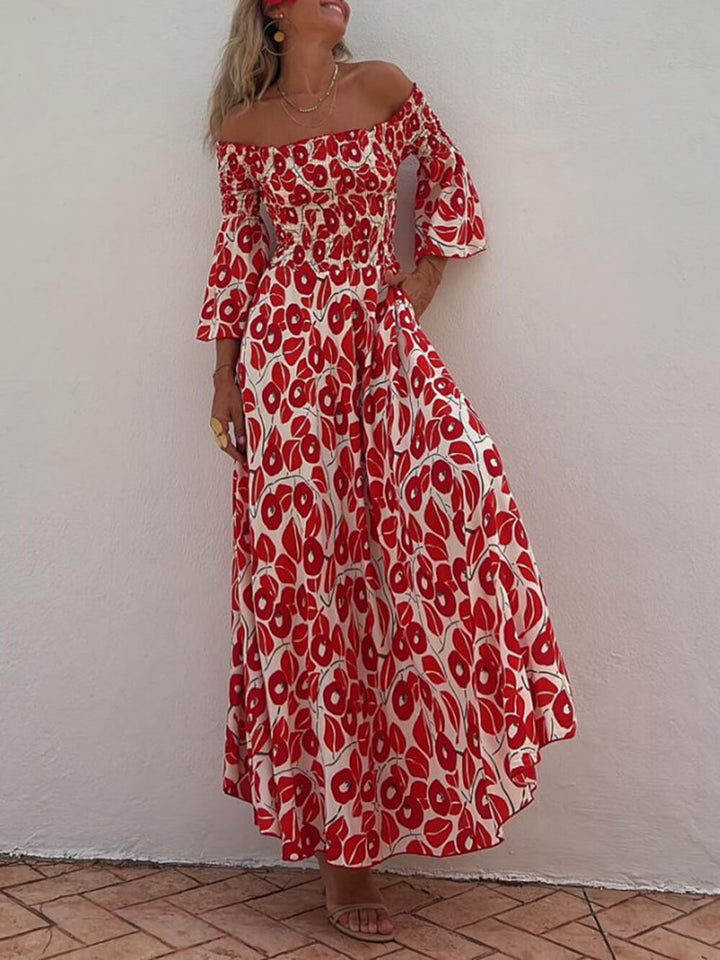 फ्लोरल प्रिंट स्मोक्ड ऑफ शोल्डर पॉकेटेड मैक्सी ड्रेस