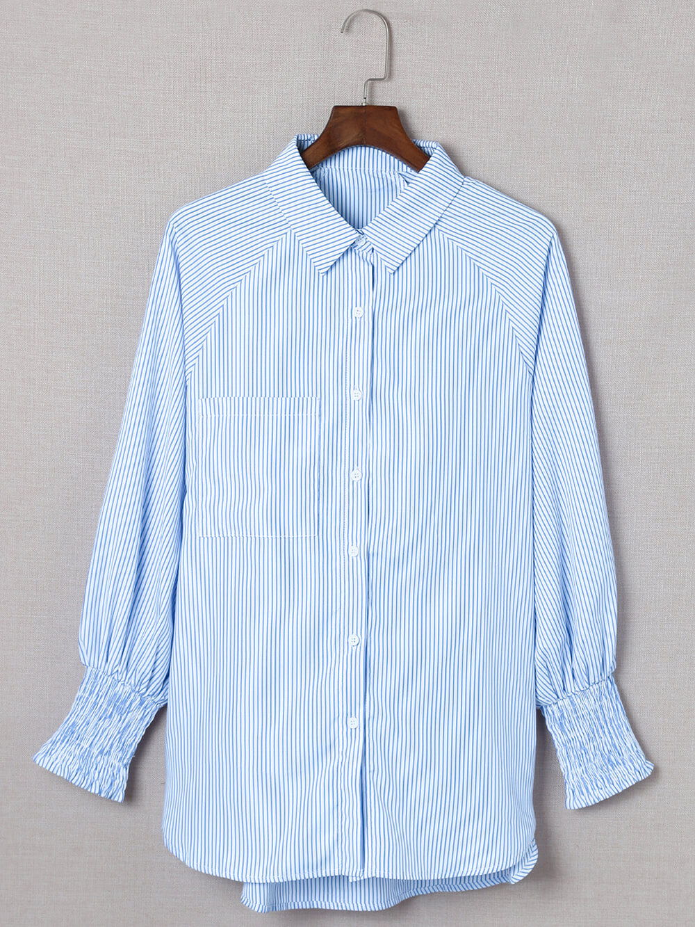 Sky Blue Smocked Cuffed Striped Boyfriend Shirt with Pocket