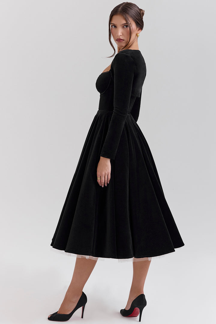 Black Velvet Tulle Midi Dress