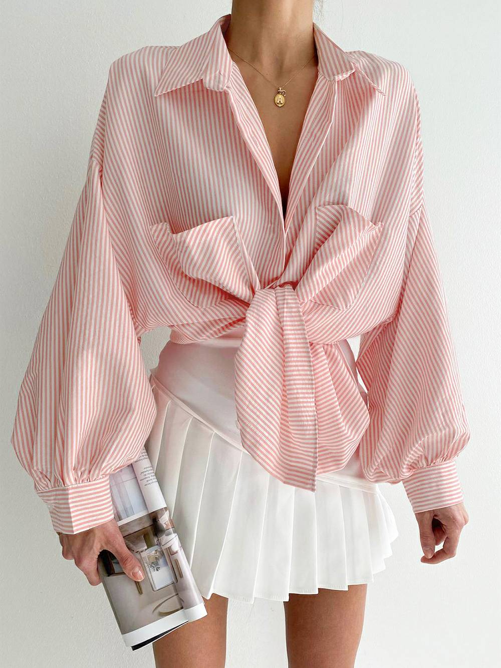 Long Puffy Sleeve Turndown Collar Pocket Striped Blouse