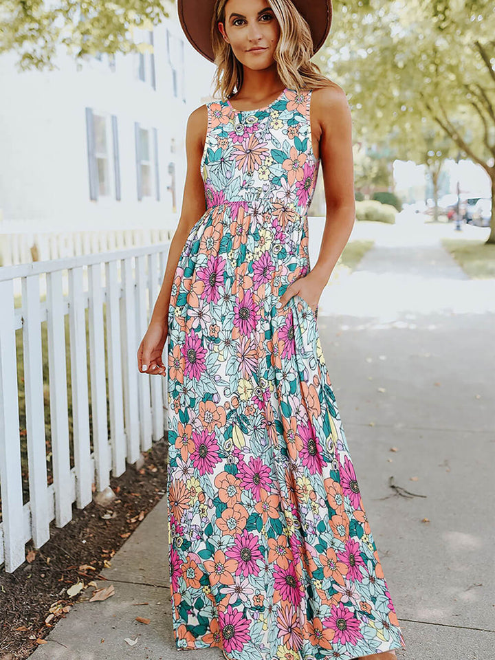 Sleeveless Maxi Dress: High Waist Hippie Floral