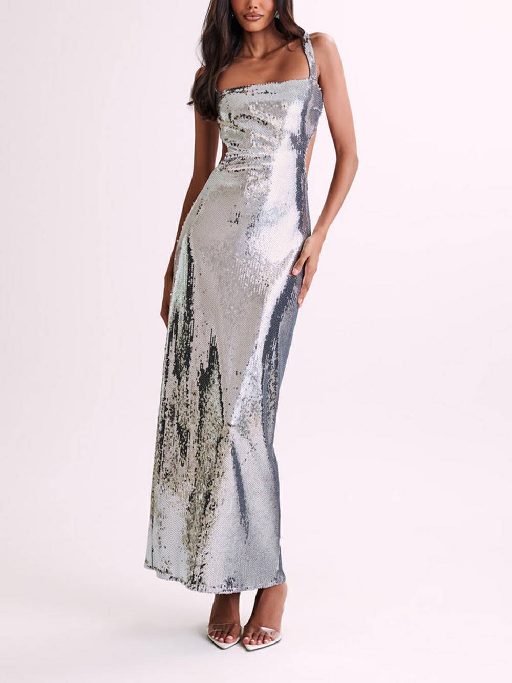 Sequin Cut Out Maxi šaty - Stříbrné