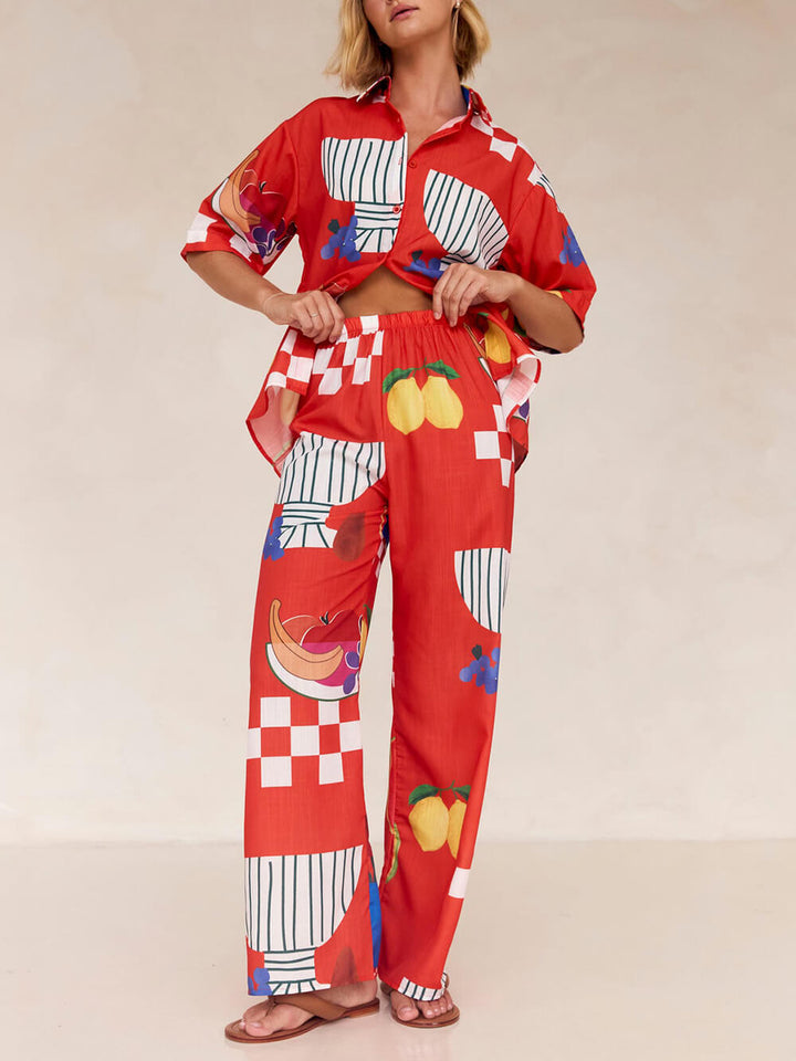 Costum unic cu imprimeu cu fructe de vacanță, cămașă largi, pantaloni largi