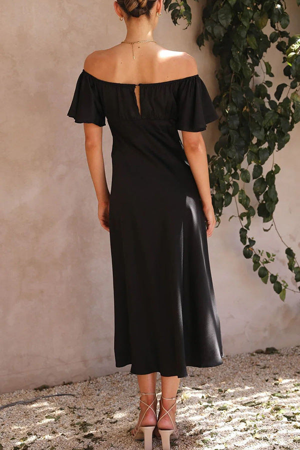 Side Split Midi Kleed: Off The Shoulder Flutter Sleeve