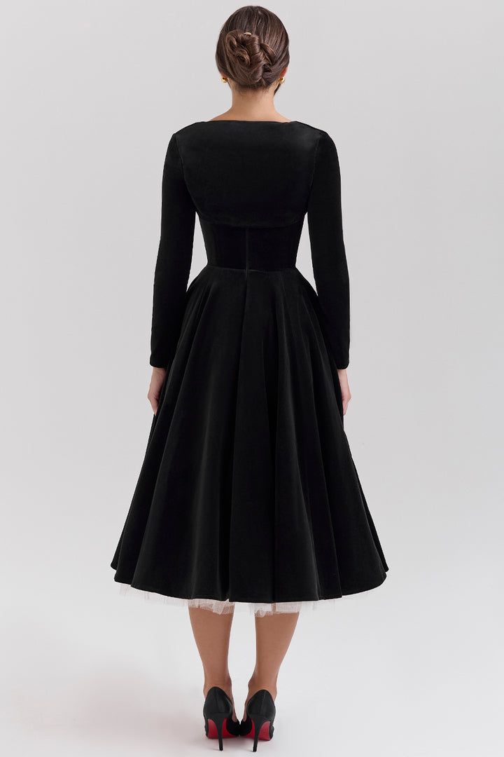 Black Velvet Tulle Midi Dress