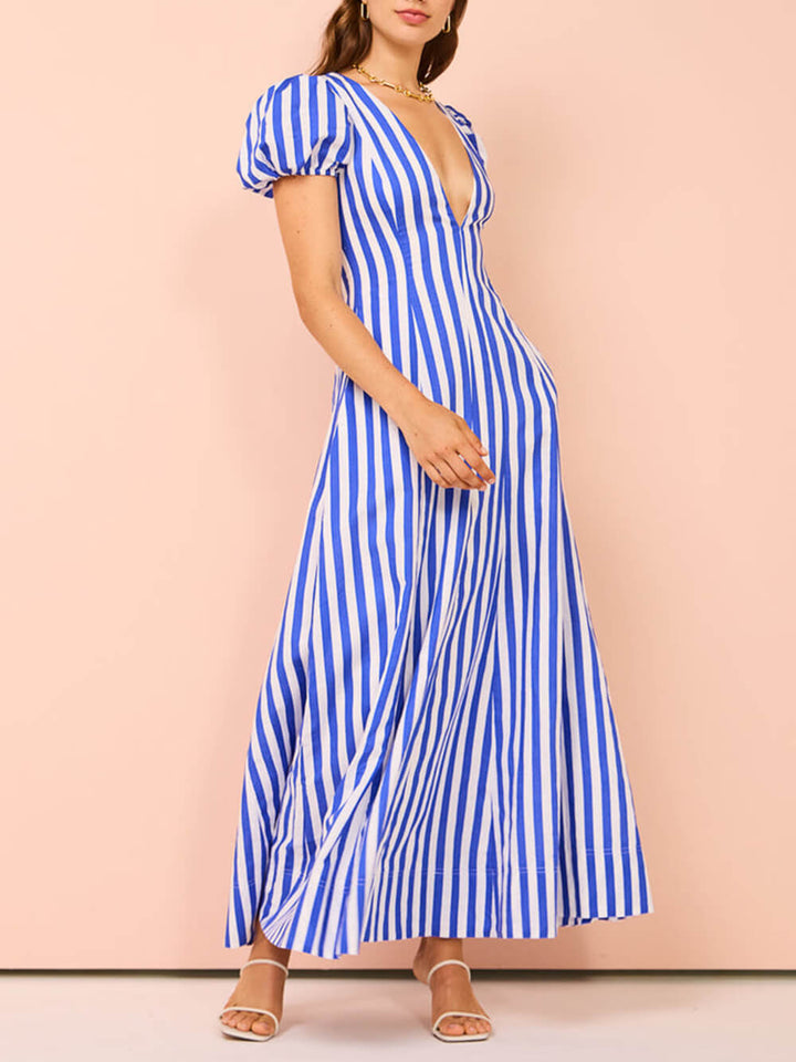 Bubble Sleeve Am Sträif Wavy Maxi Kleed