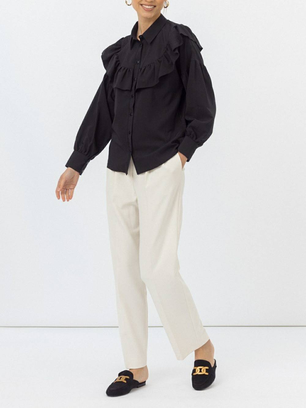 Flæsede dameskjorte Solid Slim Office Lady Frill Shirt