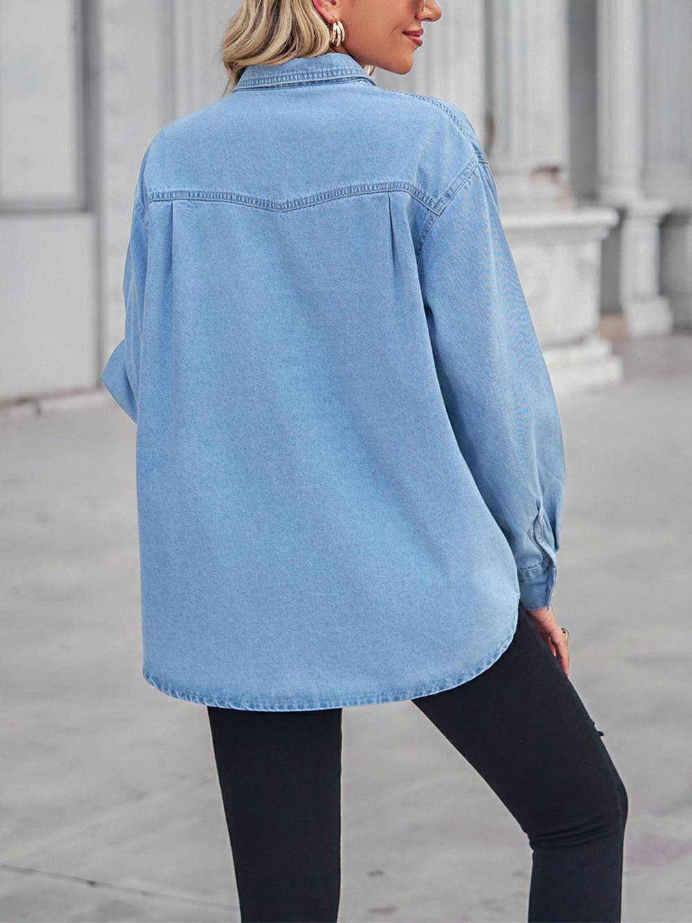 Top in denim con spalle scese e collo con colletto - Blu