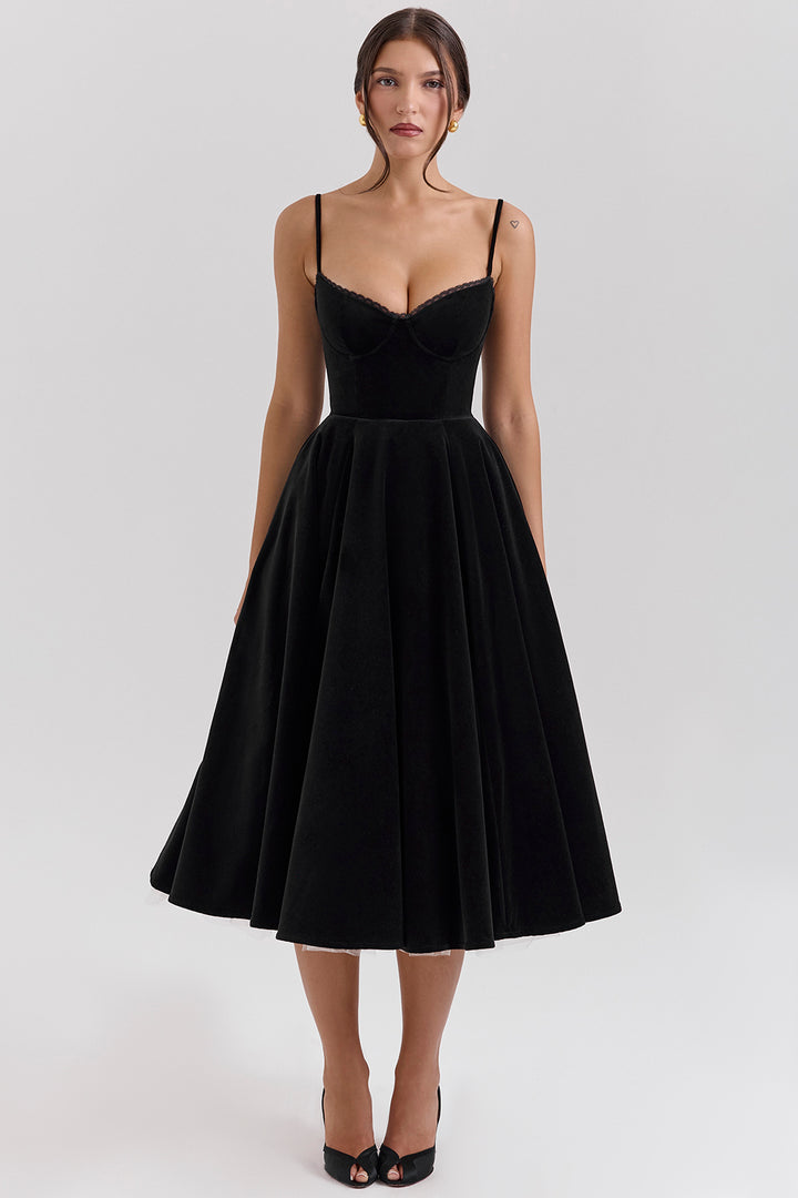 Black Velvet Tulle Midi Dress