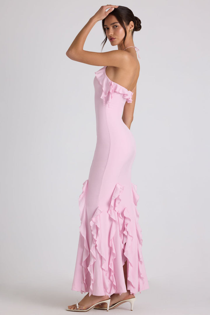 Ruffle-Trim Halterneck Evening Maxi Dress