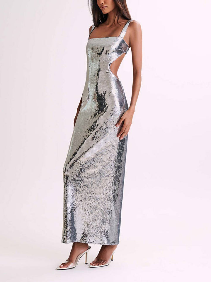 Robe longue découpée à sequins - Argent