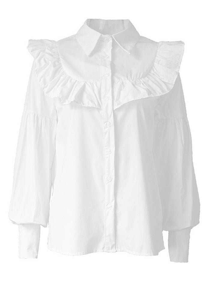 Ruffled Women Shirt Solid Slim Office Lady Frill Shirt