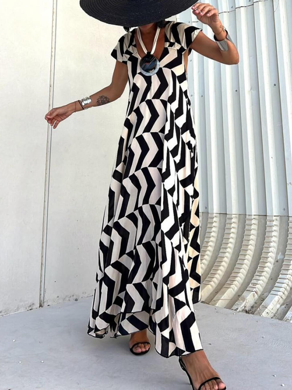 Taze Benzersiz Etnik Baskı Fırfırlı Kol A-line Maxi Elbise