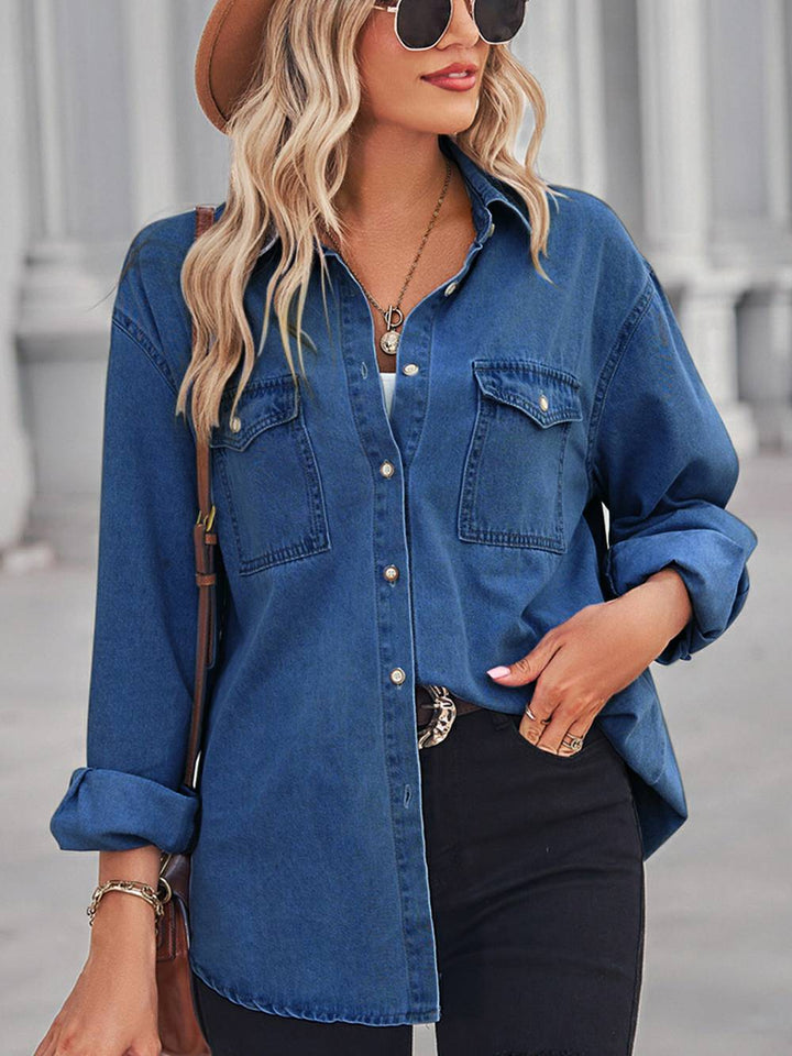 Collared Neck Dropped Shoulder Denim Top- Dark Blue