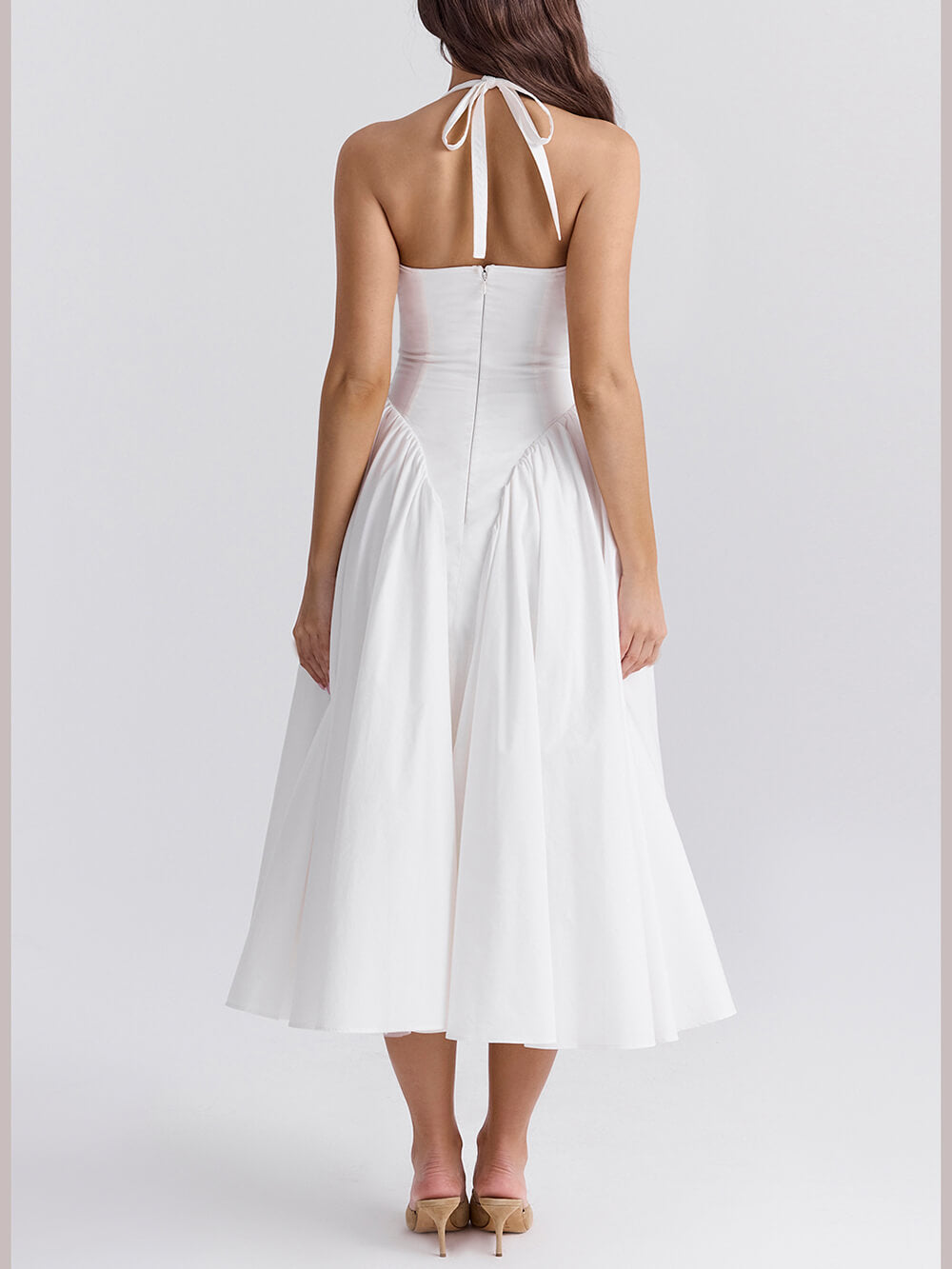 Pleated Stitching Deep V Neck Halter Taille Plain Midi Kleeder