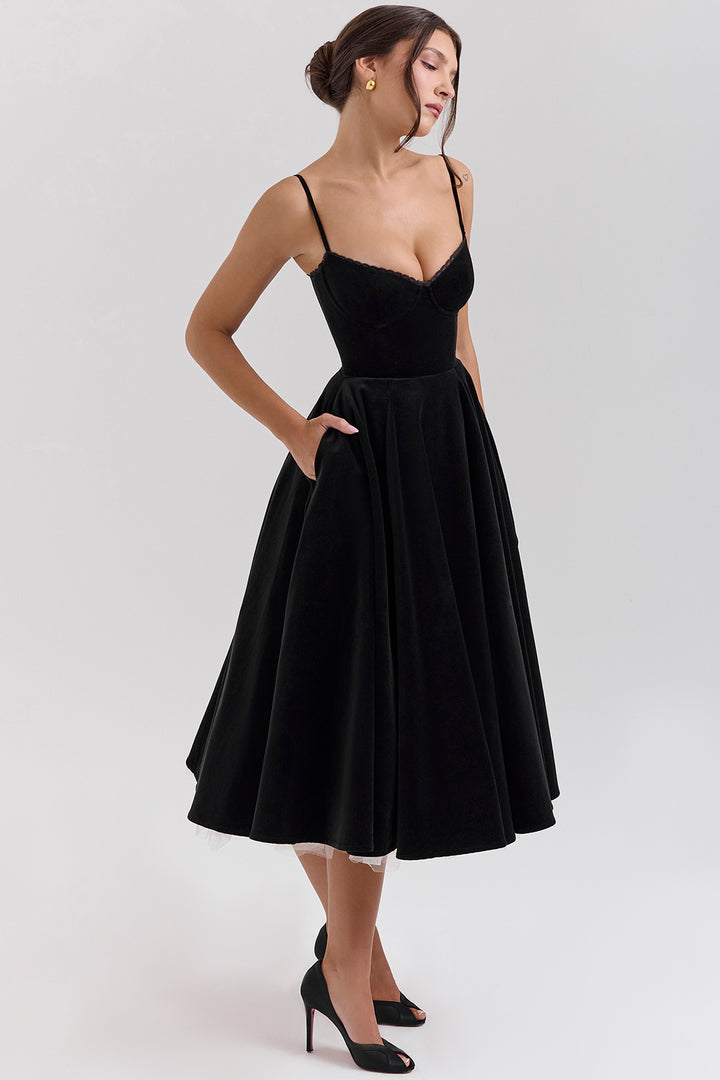 Black Velvet Tulle Midi Dress