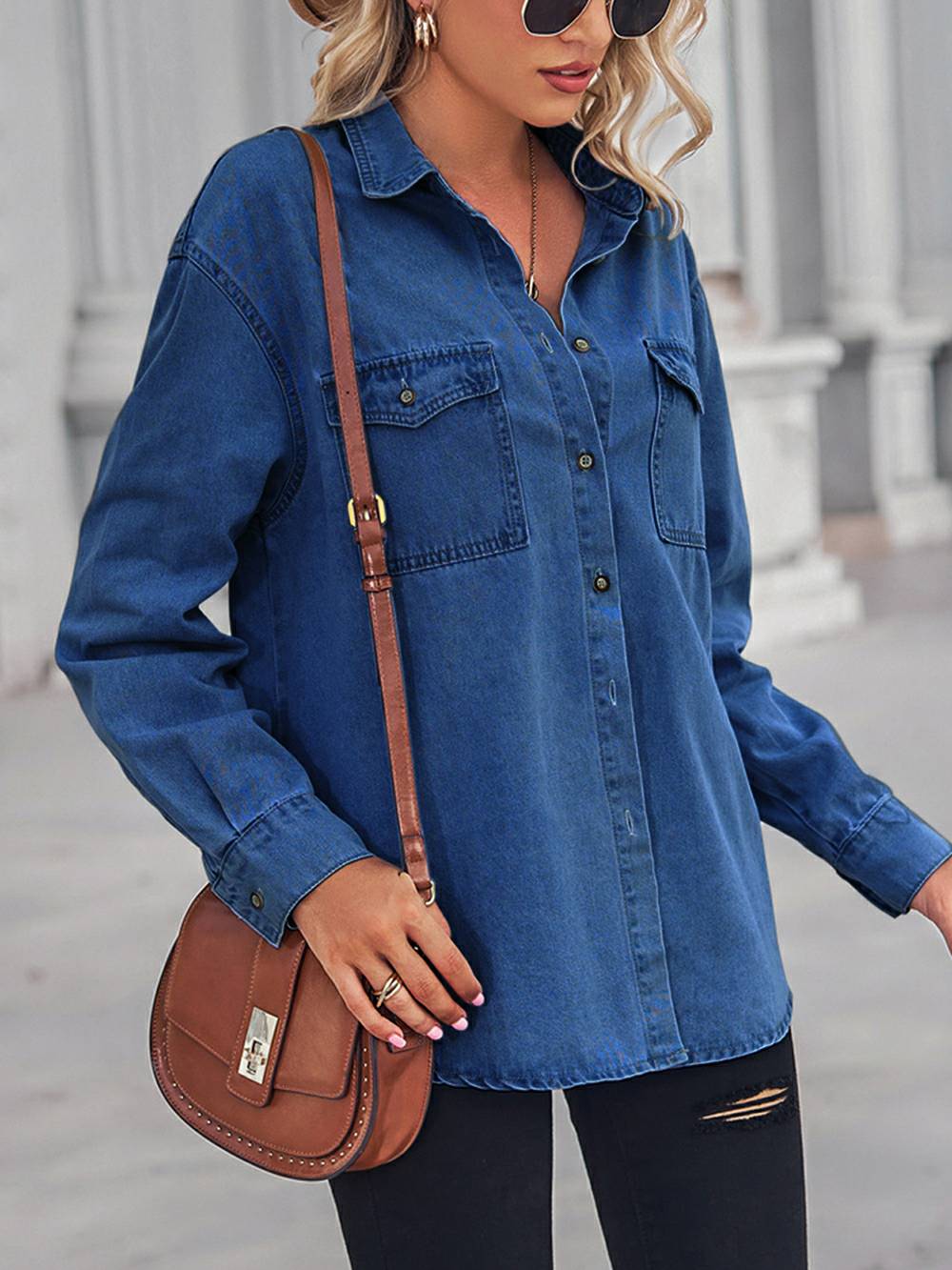 Top in denim con spalle scese e collo con colletto - Blu scuro