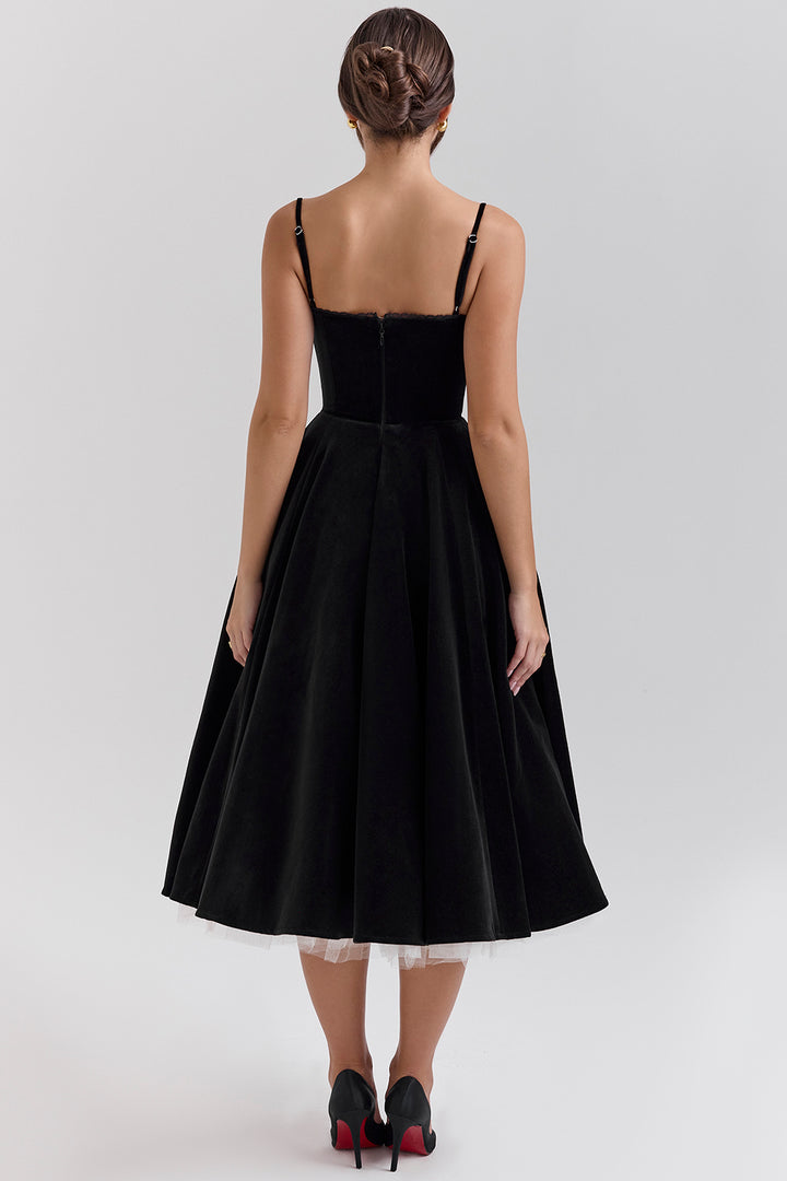 Black Velvet Tulle Midi Dress