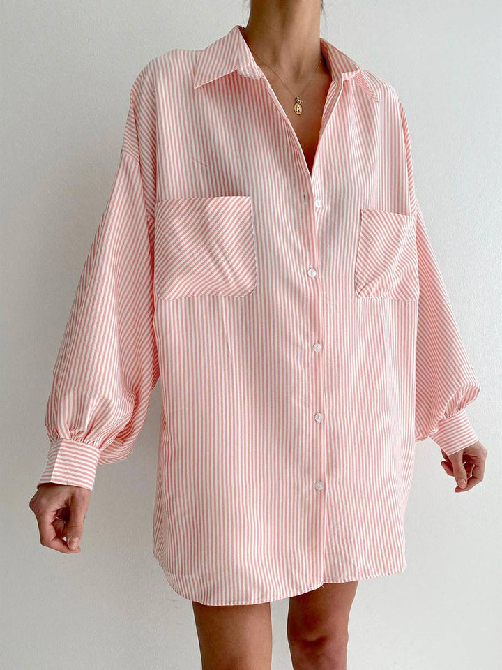 Lång Puffy Sleeve Turndown krage Pocket Randig blus