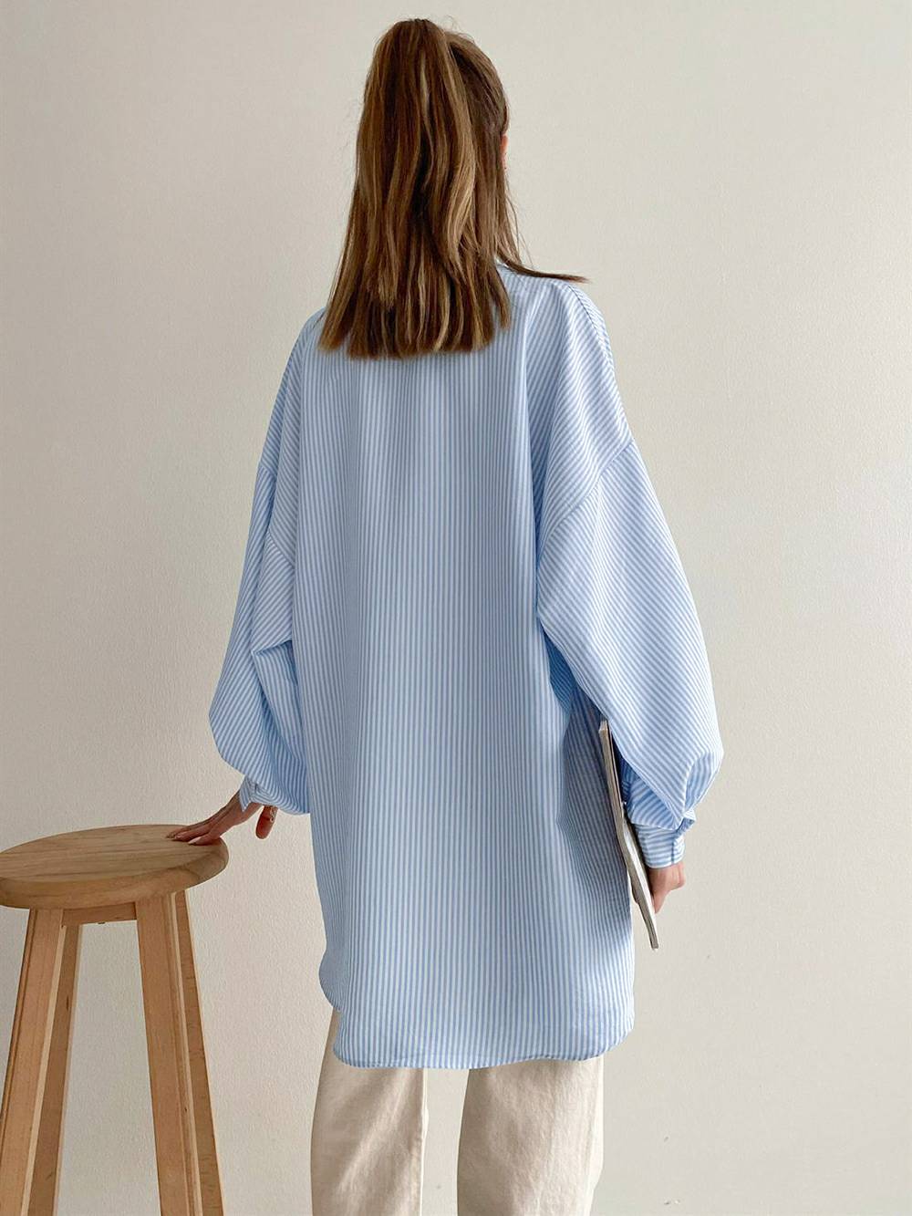 Long Puffy Sleeve Turndown Collar Pocket Striped Blouse