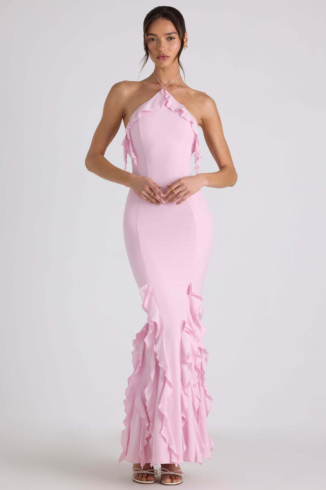 Ruffle-Trim Halterneck Evening Maxi Dress