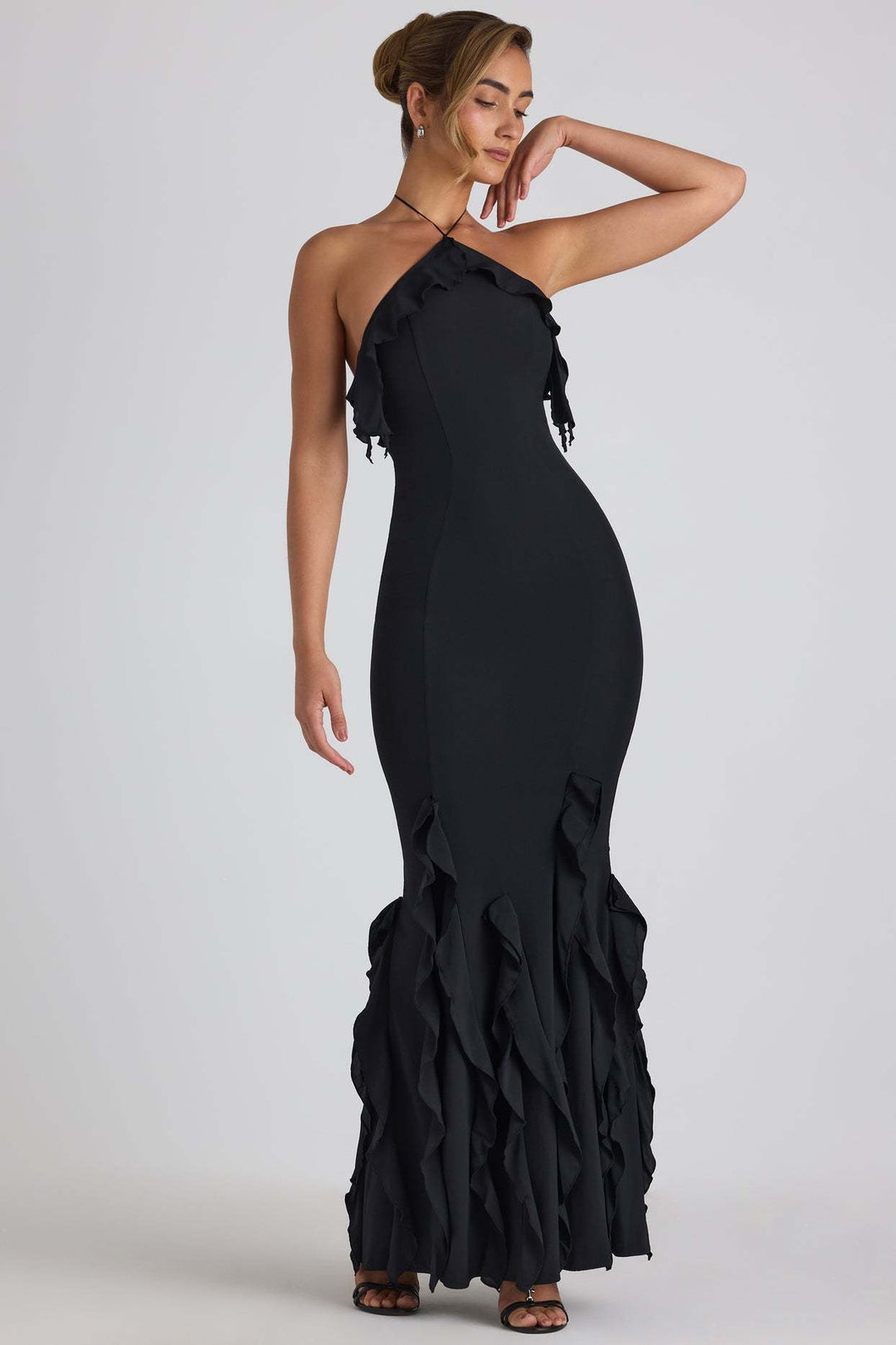 Ruffle-Trim Halterneck Evening Maxi Dress