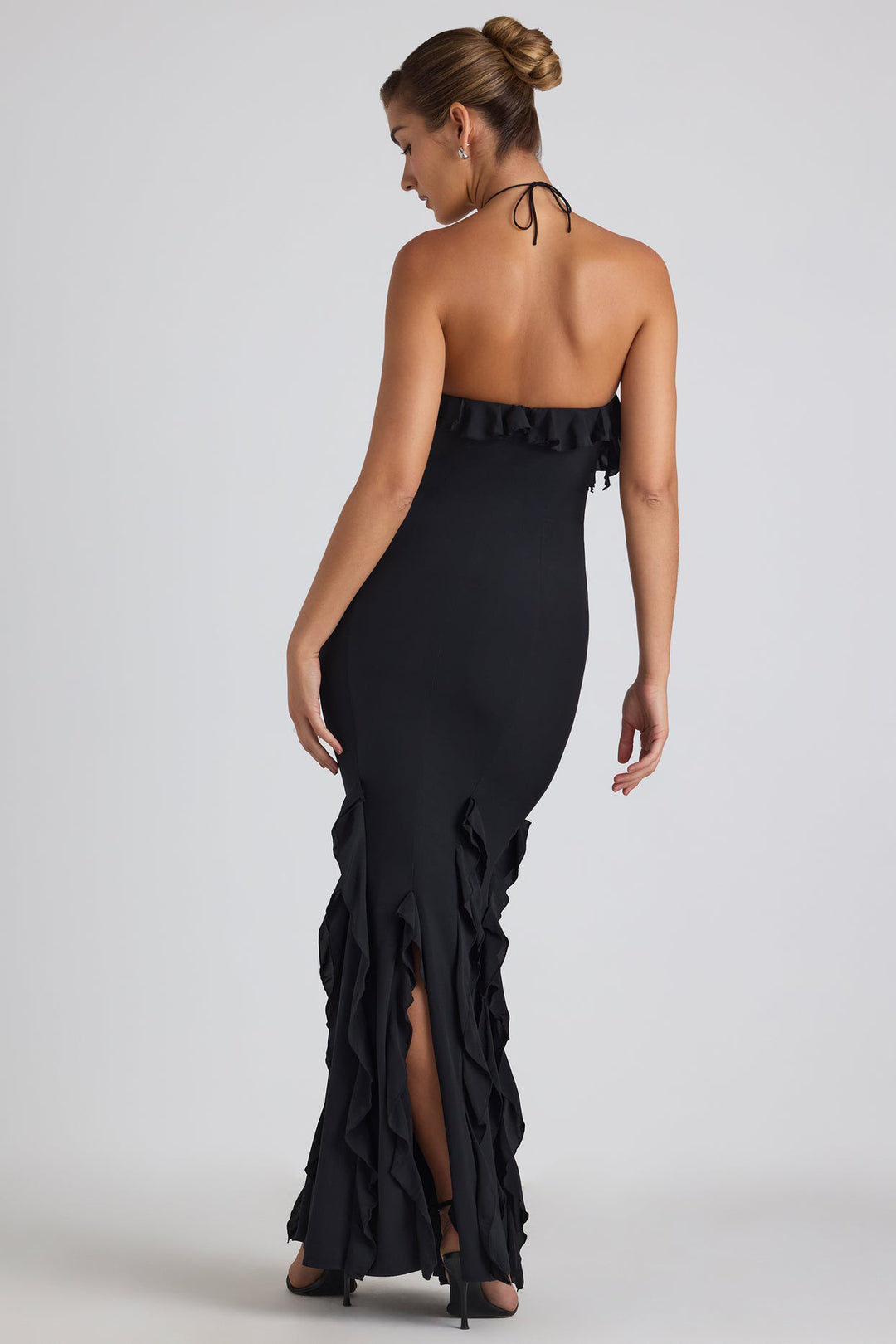 Ruffle-Trim Halterneck Evening Maxi Dress