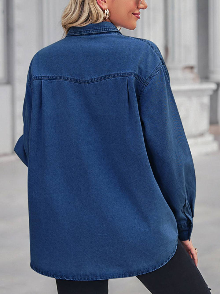 Collared Neck Dropped Shoulder Denim Top- Dark Blue