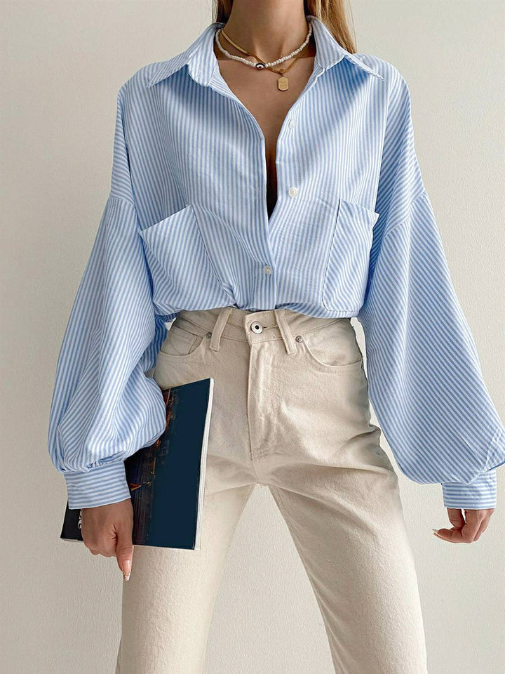 Lång Puffy Sleeve Turndown krage Pocket Randig blus