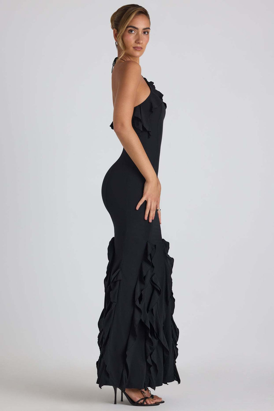 Ruffle-Trim Halterneck Evening Maxi Dress