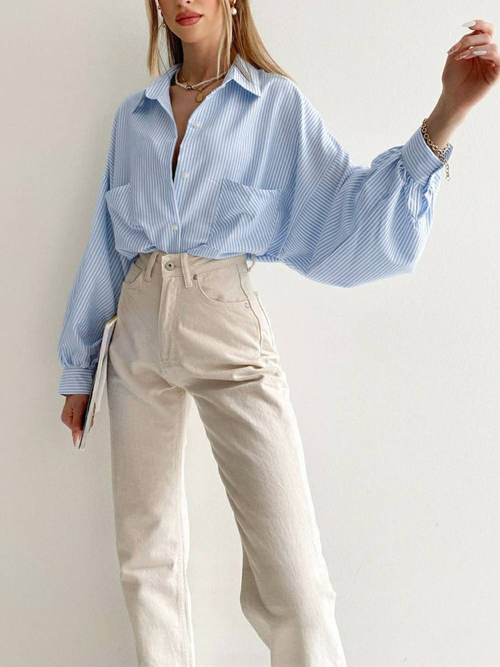 Long Puffy Sleeve Turndown Collar Pocket Striped Blouse