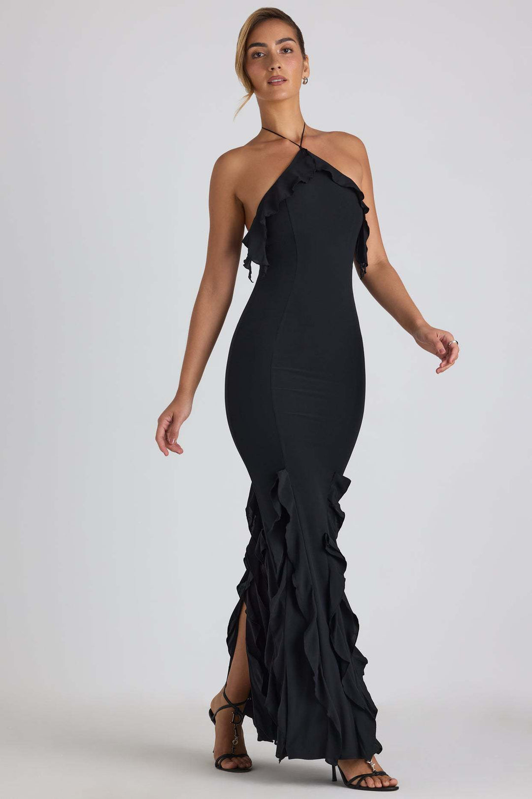 Ruffle-Trim Halterneck Evening Maxi Dress